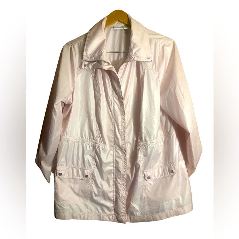 Chico’s Zenergy Pink Novelty Jacket With Roll Tab Sleeves And Full Zip Closure